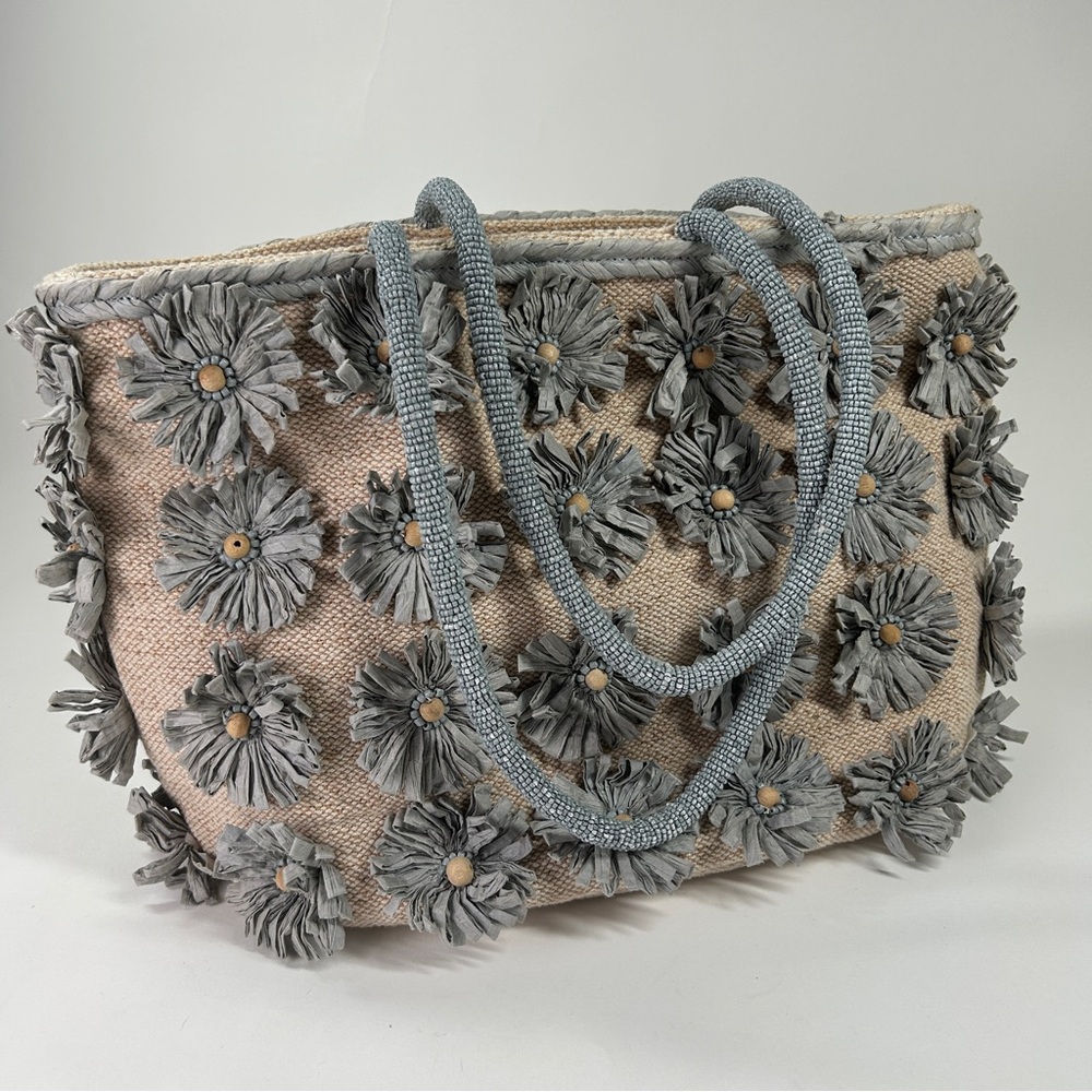 Handcrafted In India Blue Rafia Flower Beaded Cotton Bag Sustainable #A46